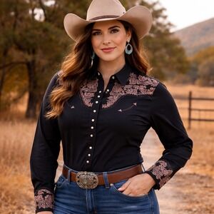 Scully Western Pearl Snap Shirt Womens XXL Black Floral Embroidered Cowgirl
